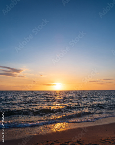 Landscape horizon viewpoint vertical summer sea beach nobody wind wave cool holiday calm coastal sunset sky light orange golden evening day time look calm nature tropical beautiful ocean water travel