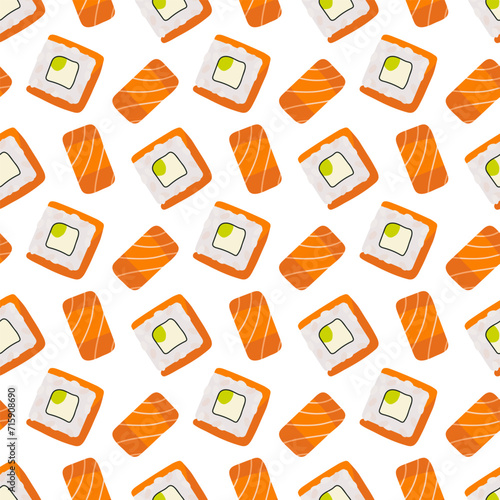 Sushi roll Seamless pattern. Sushi roll with seafood and rice background. Traditional japanese food background. Vector flat illustration wallpaper, wrapping, packing, textile. Sushi seamless pattern.