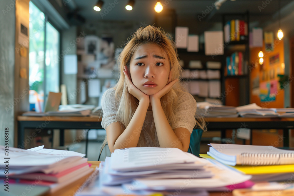Worried blonde asian woman with documents around her Worried blonde asian woman with documents around her