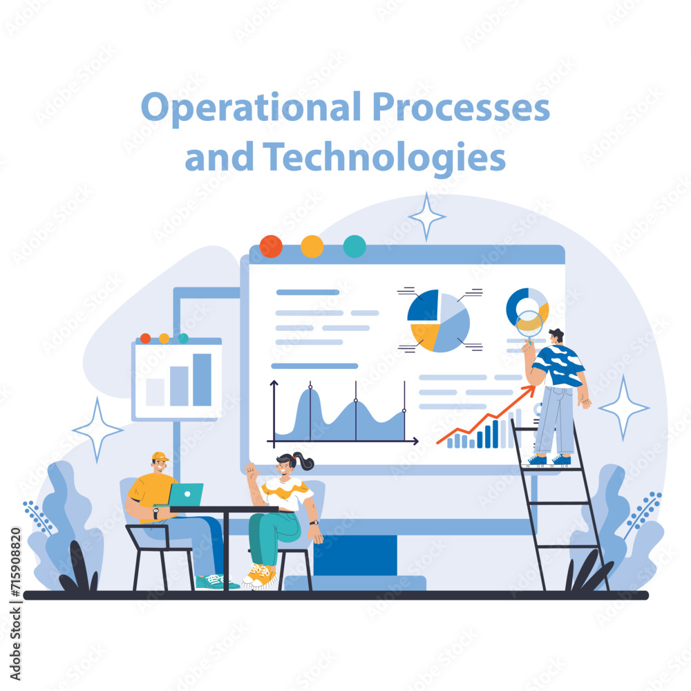 Operational processes and technologies concept. Integration of analytics and teamwork in business operations. Strategy, analysis, and collaboration. Flat vector illustration. Operational processes and technologies concept. Integration of analytics and teamwork in business operations. Strategy, analysis, and collaboration. Flat vector illustration.