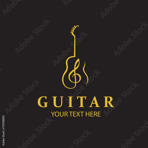 emblem of gold guitar with treble clef isolated on black background