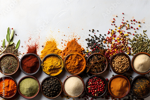 A set of spice sets from all over the world on white background. Concept for advertising shops, restaurants and travel. Dry ingredients for cooking. Template with place for text, copy space