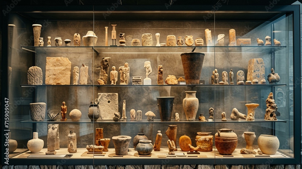 Artifacts arranged in a display case at an archaeological museum, showcasing the fruits of excavation. [Artifacts arranged in a museum display case - obrazy, fototapety, plakaty 