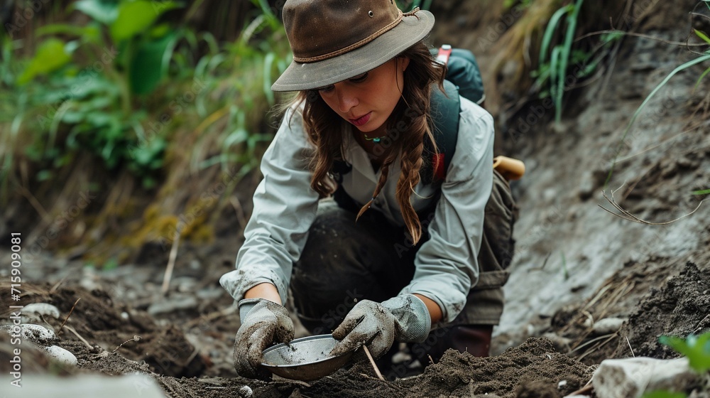 Archaeologist using a sieve to sift through soil and recover smaller artifacts and botanical remains. [Archaeologist sieving soil for smaller artifacts Archaeologist using a sieve to sift through soil and recover smaller artifacts and botanical remains. [Archaeologist sieving soil for smaller artifacts
