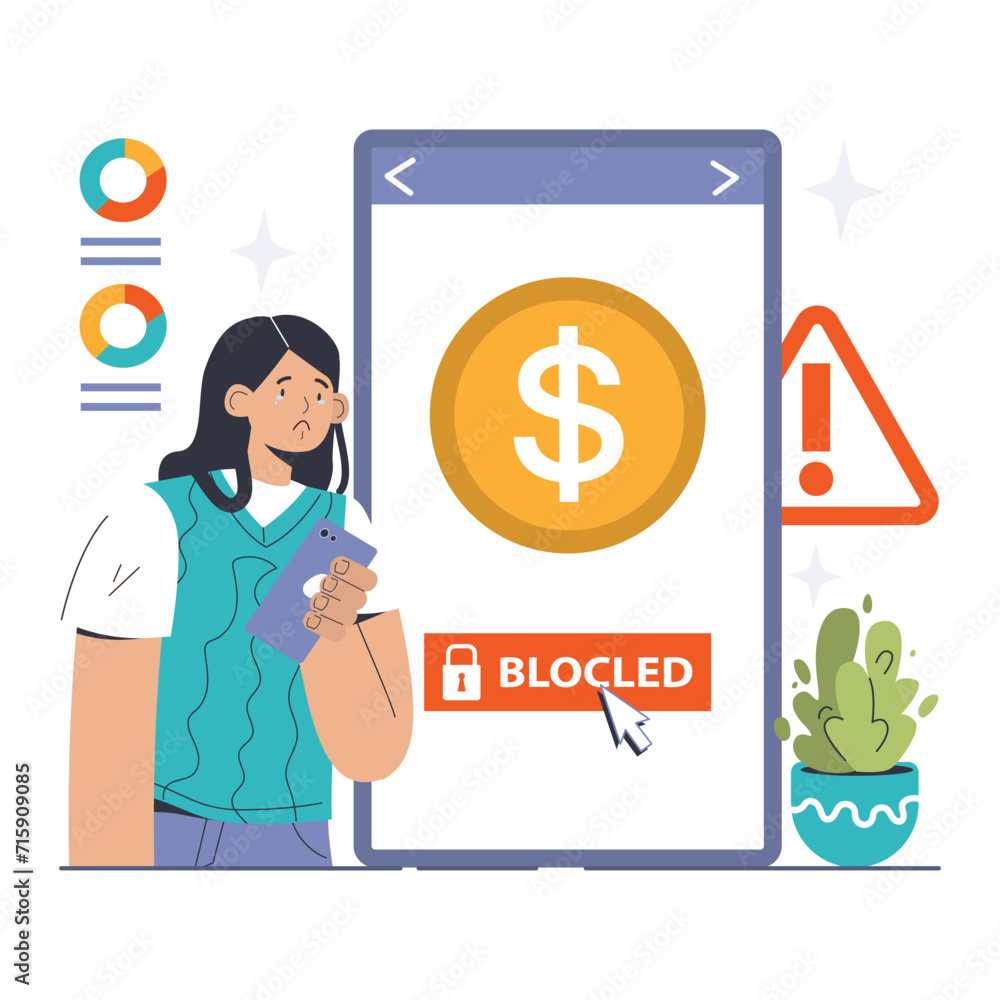 Blocked Account concept. Concerned young woman viewing a warning of a blocked bank account on her smartphone, financial security issue. Flat vector illustration Blocked Account concept. Concerned young woman viewing a warning of a blocked bank account on her smartphone, financial security issue. Flat vector illustration