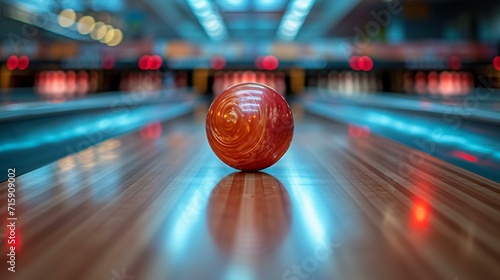 Bowling ball rolling down the lane, leaving a trail of motion blur, showcasing speed and power. [Bowling ball with motion blur down the lane