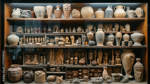 Artifacts arranged in a display case at an archaeological museum, showcasing the fruits of excavation. [Artifacts arranged in a museum display case