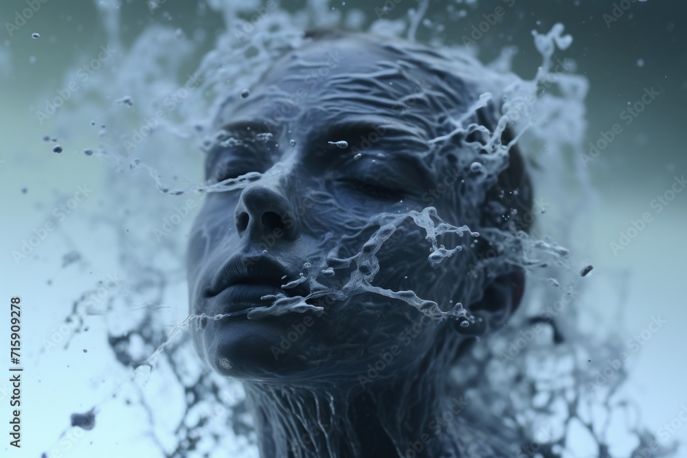  a close up of a woman's face with water splashing on her face and water droplets on her face.