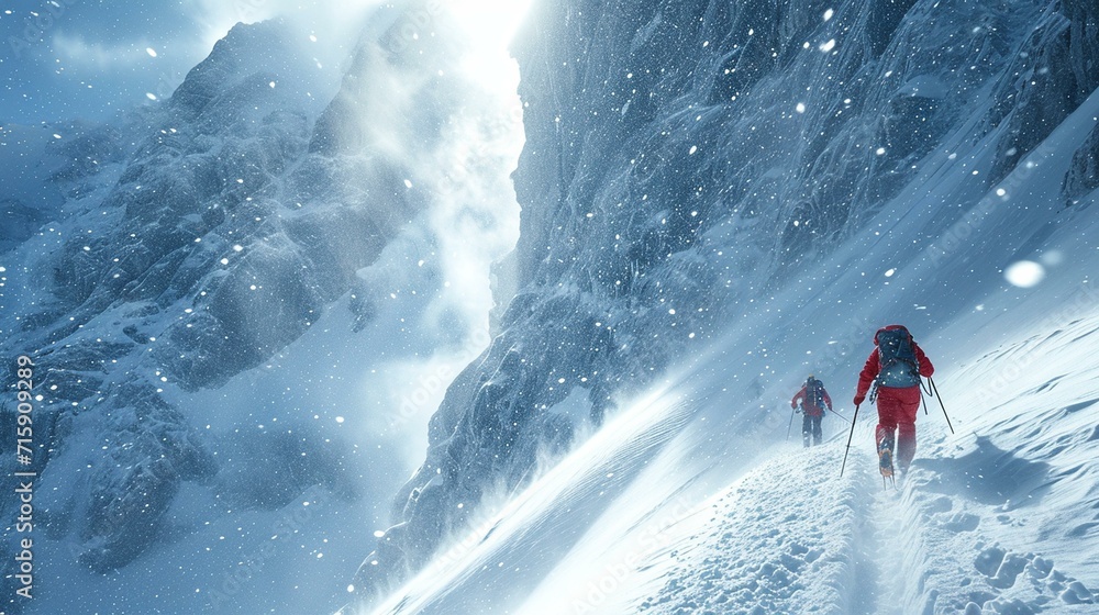 Mountaineers ascending a snow-covered couloir, creating a dynamic image of winter mountaineering. [Mountaineers ascending snow-covered couloir