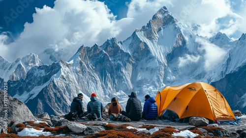 Group of mountaineers resting at a high-altitude base camp, surrounded by breathtaking alpine scenery. [Mountaineers resting at high-altitude base camp