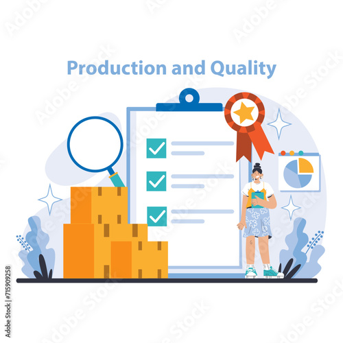 Production and Quality concept. Detail-oriented quality control in manufacturing. Process validation through rigorous checklist. Achievement of high standards. Flat vector illustration.