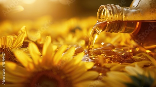 Sunflower cooking oil pours from bottle wallpaper background photo