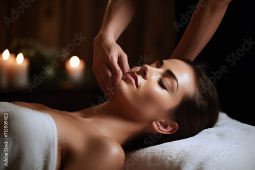 Elegant Woman Experiencing Forehead Massage at Luxurious Spa