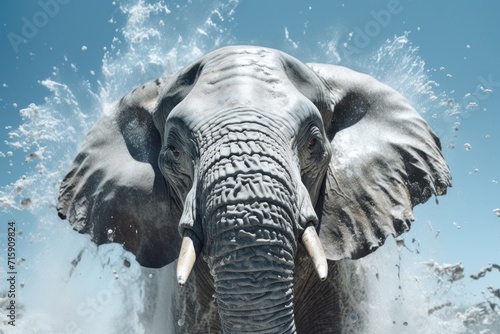  a close up of an elephant s face with water splashing on it s back and its trunk.