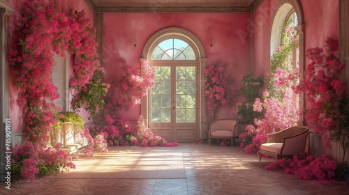 room with large windows and flowers. Generative AI