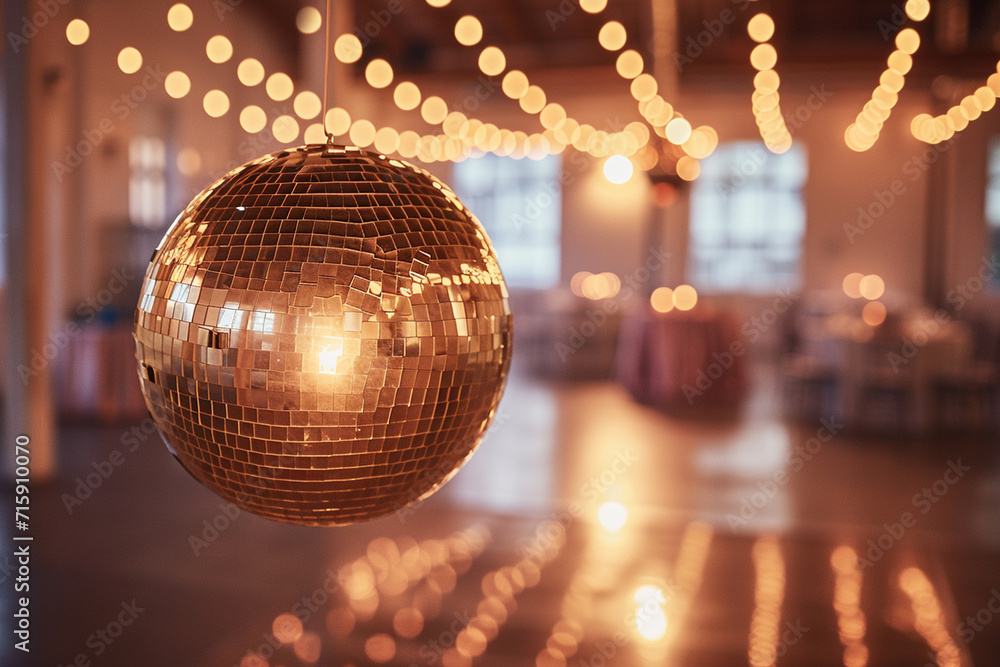 Obraz premium minimalist disco ball in a wedding reception venue, with soft lighting and clean decor, contributing to a romantic and celebratory atmosphere in a minimalistic photo