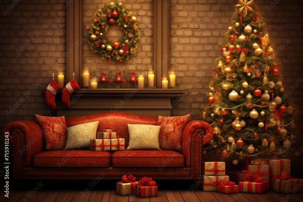 a living room decorated for christmas with a red couch and a christmas tree in front of a fireplace with lit candles. a living room decorated for christmas with a red couch and a christmas tree in front of a fireplace with lit candles.