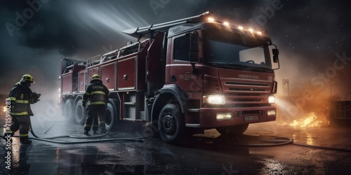 Fire engine. Generative AI. The fire engine are with ladders  firefighting apparatus and water to save lives  suppress wildfire  extinguish building fires. Fire. Fire and Rescue Service