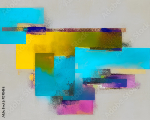 Abstract art painting background with a minimal sparse composition of rectangle shapes in turquoise and yellow on a grey background