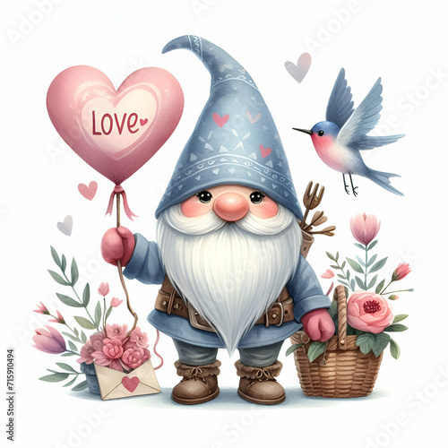 Valentines gnome  love Nordic gnome  Scandinavian gnomes  Watercolor cute valentines day postcard. Vellichor.