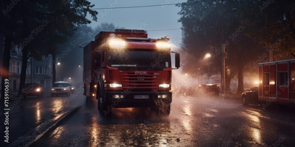 Fire engine. Generative AI. The fire engine are with ladders, firefighting apparatus and water to save lives, suppress wildfire, extinguish building fires. Fire. Fire and Rescue Service