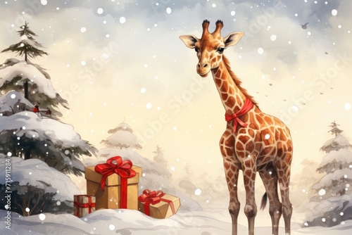  a painting of a giraffe standing in the snow next to a christmas tree with presents in front of it.