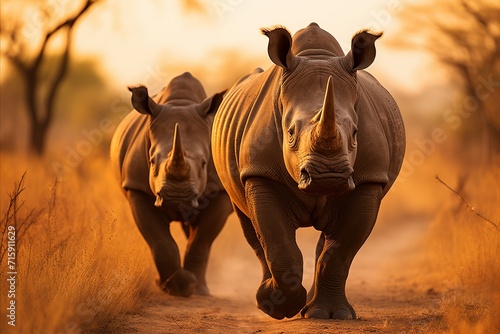 Capture the majestic rhinos roaming in the african savannah during the golden hour.