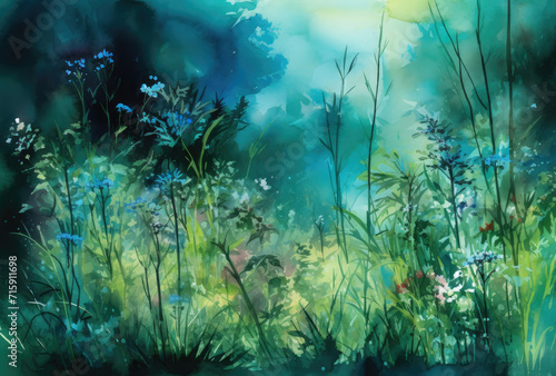 Painting of Grass and Flowers on Blue Background