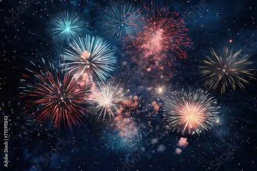  a bunch of fireworks that are lit up in the night sky with a blue sky and stars in the background.