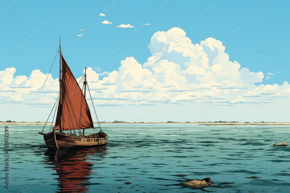  a painting of a sailboat in the middle of a body of water with a cloudy sky in the background.