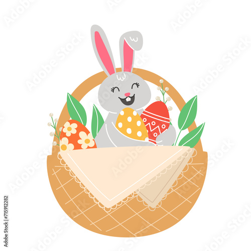 Easter illustration with rabbit and painted eggs in a wicker basket for the holiday in a cartoon style