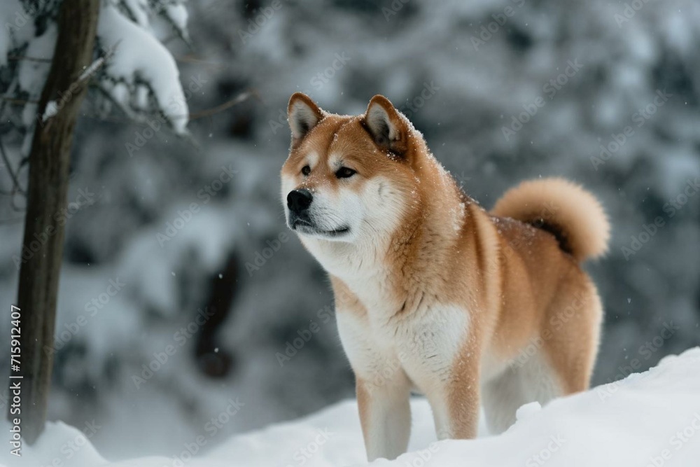 A beautiful Akita dog in a snow-filled scenery. Generative AI