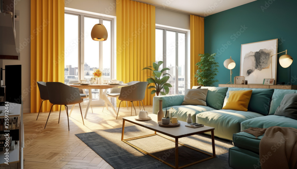 Cozy Living Room With Furniture and Yellow Curtains Cozy Living Room With Furniture and Yellow Curtains