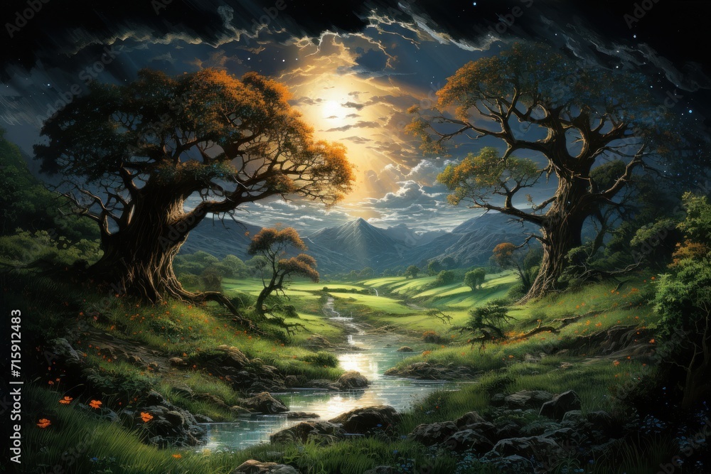 a painting of a stream running through a lush green forest under a full moon filled sky with stars and clouds. a painting of a stream running through a lush green forest under a full moon filled sky with stars and clouds.