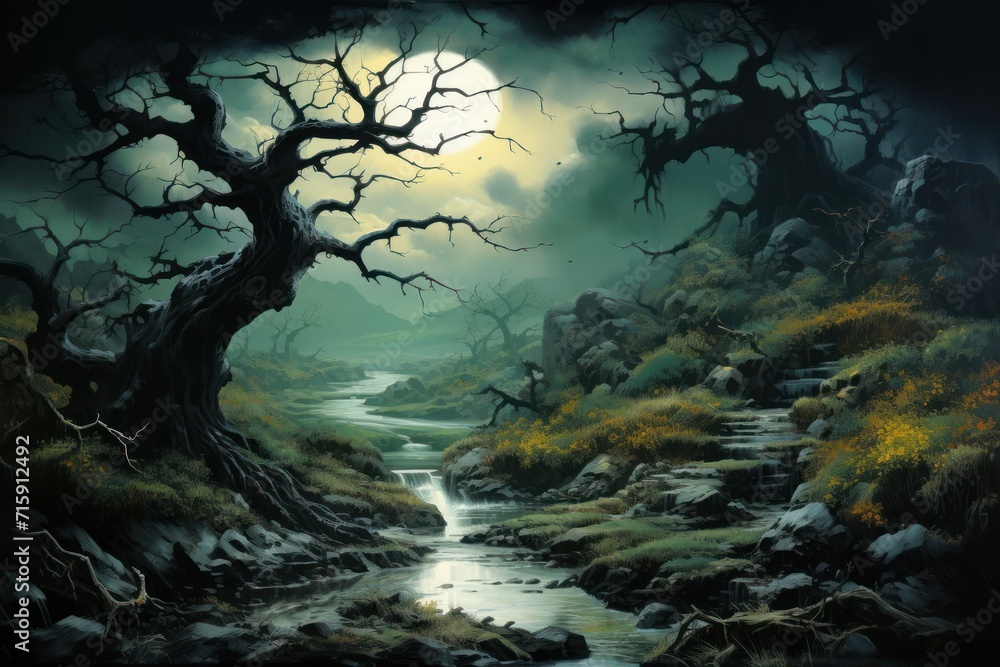  a painting of a stream running through a forest with a full moon in the sky over the trees and rocks.