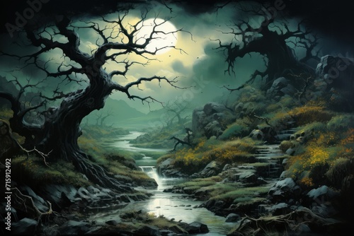  a painting of a stream running through a forest with a full moon in the sky over the trees and rocks.