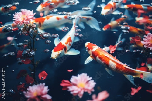  a group of koi fish swimming in a pond of water with pink flowers in the foreground and bubbles in the background.