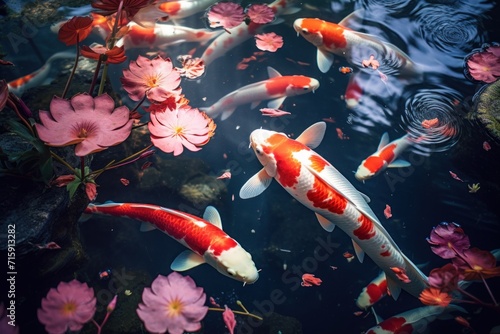  a group of koi fish swimming in a pond filled with water lilies and pink and white flowers on the side of the pond.