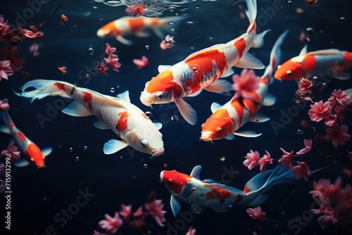  a group of orange and white koi fish swimming in a pond of water with pink flowers in the background.