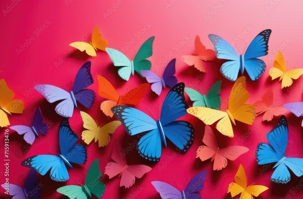 Fototapeta premium Zero Discrimination Day, colorful paper butterflies, rainbow colors, paper cutouts, red background