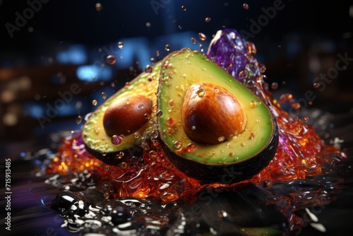  two halves of an avocado on top of a pile of orange peels and ketchup on a reflective surface. photo