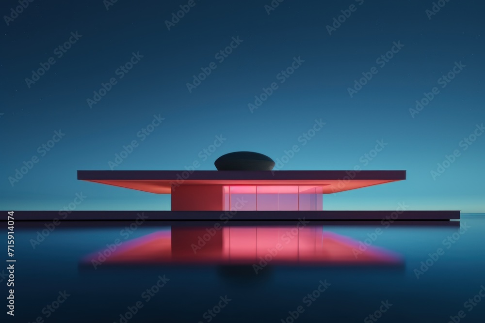 a building sitting on top of a body of water under a blue sky with a red light on top of it. a building sitting on top of a body of water under a blue sky with a red light on top of it.