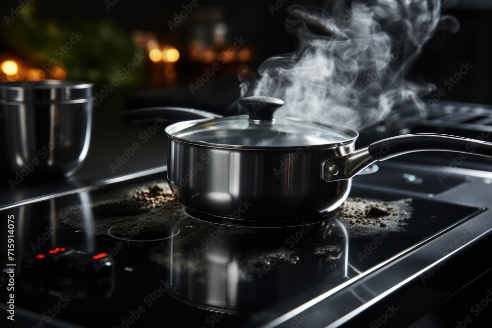 a pot that is sitting on a stove with smoke coming out of it and another pot on top of the stove. a pot that is sitting on a stove with smoke coming out of it and another pot on top of the stove.