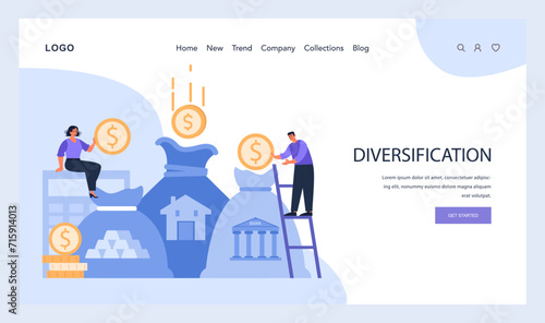 Investment Strategy web or landing. Visual representation of diversification as a key to risk management in asset allocation. Allocation of resources to various asset. Flat vector illustration