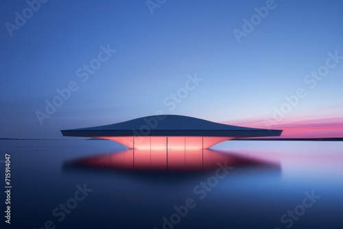  a building sitting on top of a body of water under a purple and blue sky next to a body of water.