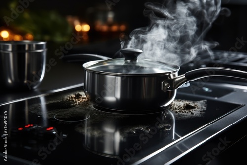  a pot that is sitting on a stove with smoke coming out of it and another pot on top of the stove.