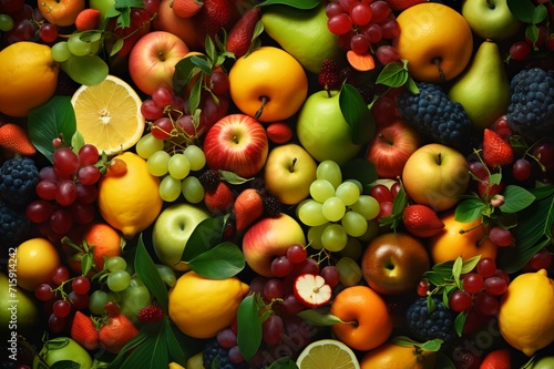 Flatlay image of fresh fruits. Fruits background.