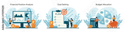 Financial mastery set. Analyzing, setting goals, and allocating funds for monetary success. Strategic financial management visualized. Flat vector illustration
