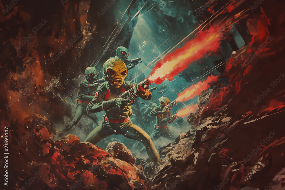 Science Fiction Aliens fighting in the style of a vintage pulp novel cover. AI Generated - obrazy, fototapety, plakaty 