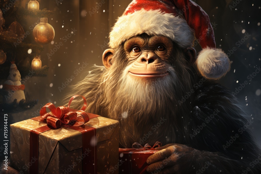 a monkey wearing a santa hat and holding a gift box in front of a christmas tree with lights on it. a monkey wearing a santa hat and holding a gift box in front of a christmas tree with lights on it.